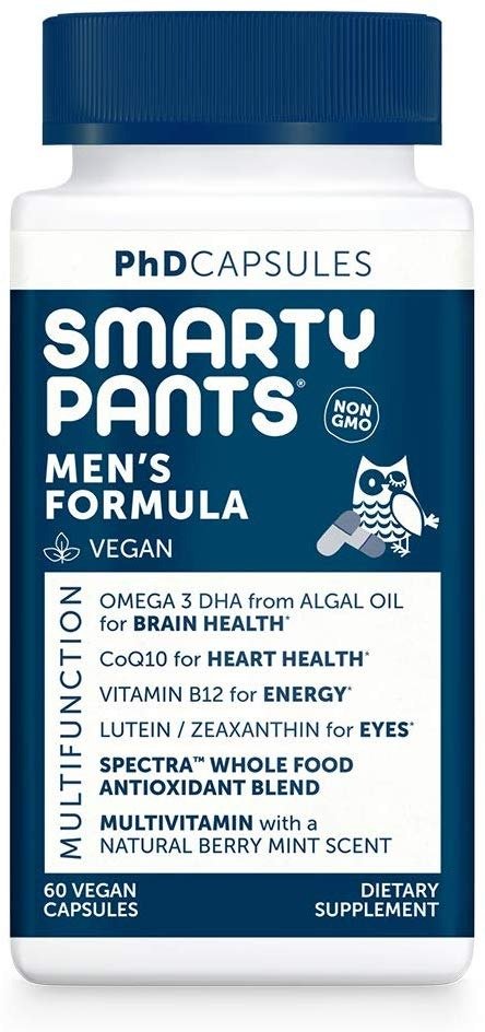 SmartyPants Daily Multivitamin for Men: Vitamin D, C, D3, E, B12 for Energy, COQ10, Omega 3 DHA, Iodine, Lutein, Folate, Vegan, Easy to Swallow Capsules, 60 count (30 Day Supply) Packaging May Vary