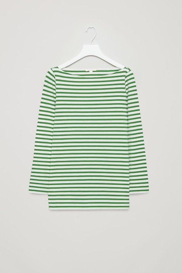WIDE-NECK STRIPED TOP - Grass Green - Long-sleeve T-shirts - COS US