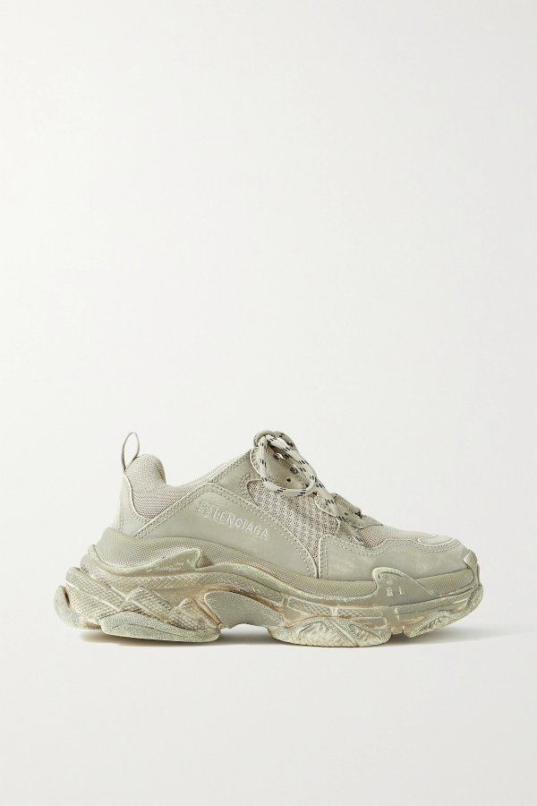 Triple S logo-embroidered distressed leather and mesh sneakers