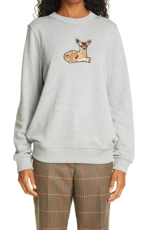 Deer Applique Stretch Cotton Sweatshirt