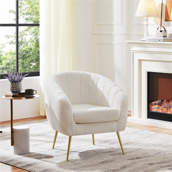 SmileMart Modern Tufted Boucle Barrel Accent Armchair with Gold Metal Legs for Living Room, Ivory