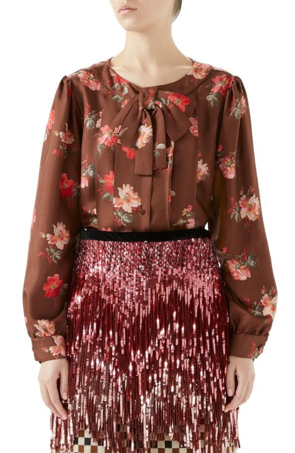 Pleated Floral Print Silk Blouse