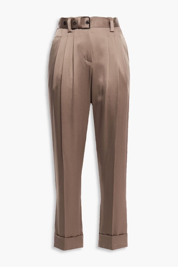 Cropped pleated satin-crepe tapered pants