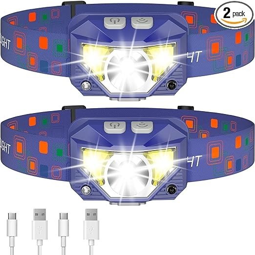 LHKNL Headlamp Flashlight, 1200 Lumen Ultra-Light Bright LED Rechargeable Headlight with White Red Light,2-Pack Waterproof Motion Sensor Head Lamp,8 Modes for Outdoor Camping Running Fishing- Blue