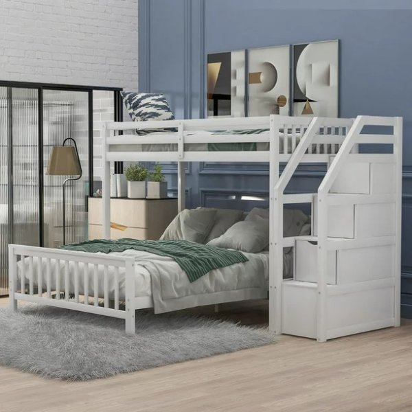 Euroco Wood Twin Loft Bed with Full Platform Bed and Drawers
