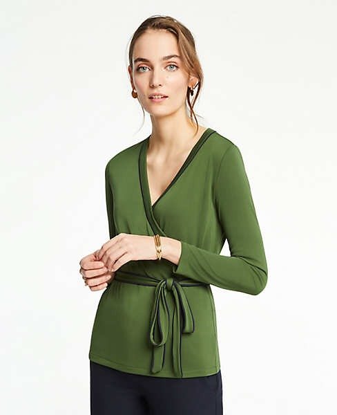 Petite Piped Belted Wrap Top | Ann Taylor