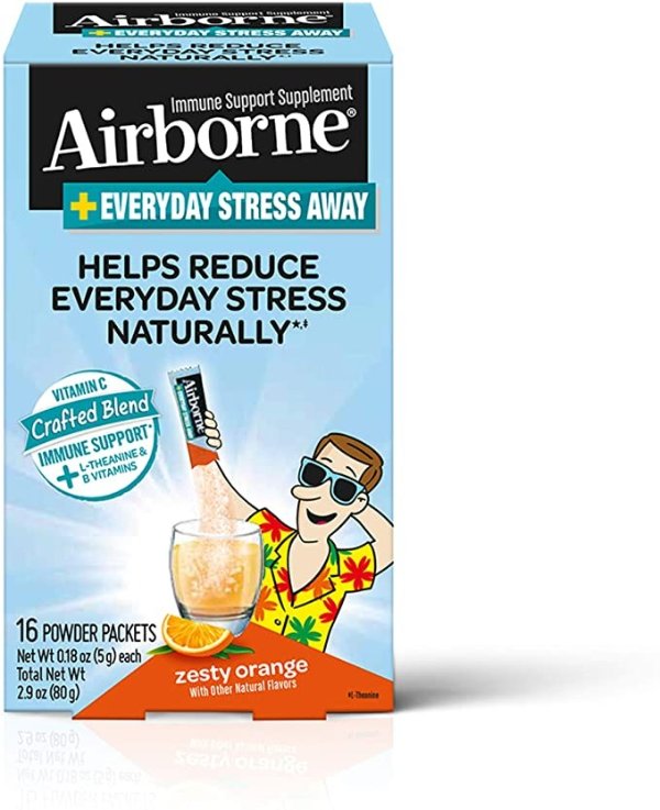 Vitamin C Blend + L-Theanine & B Vitamins Everyday Stress Away - Airborne Zesty Orange Powder Packet, (16 count in box), Immune Support Supplement That Helps Reduce Everyday Stress Naturally