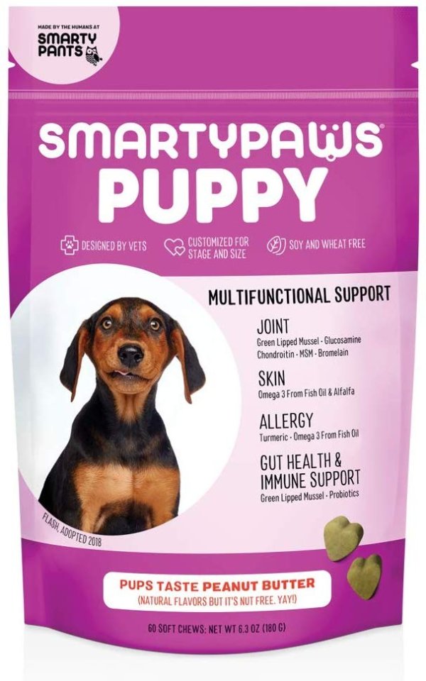 SmartyPaws Dog Supplement Chews for Puppies, Peanut Butter Flavor, 60 ct