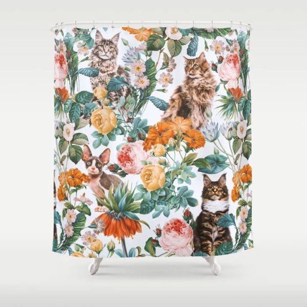 Cat and Floral Pattern III Shower Curtain by burcukorkmazyurek