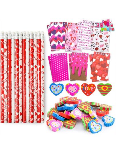 JOYIN 28Pcs Kids Valentine's Day Pencil and Eraser for Classroom Exchange Party Favor Toy