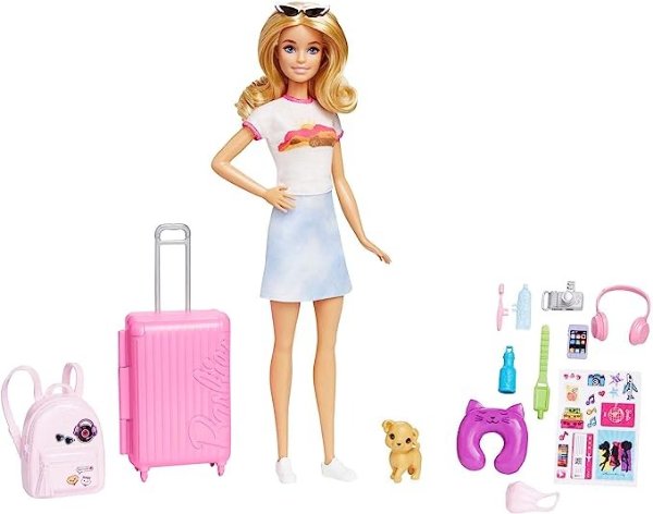 Doll & Accessories, Travel Set with Puppy and 10+ Pieces, Suitcase Opens & Closes, Malibu Doll with Blonde Hair