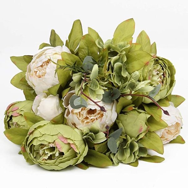 Flojery Silk Peony Bouquet Vintage Artificial Peonies Flower for Home Wedding Party Decor (1pcs, Green)