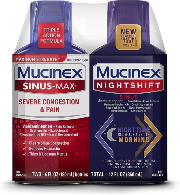 Maximum Strength Sinus-Max Severe Congestion & Pain & Nightshift Sinus Liquid, 6 Fl Oz (Pack of 2)