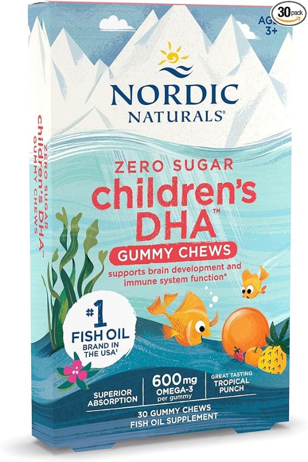Zero Sugar Children’s DHA Gummy Chews, Tropical Punch - 30 Gummy Chews for Kids - 600 mg Total Omega-3s - Brain Development, Learning, Healthy Immunity - Non-GMO - 30 Servings