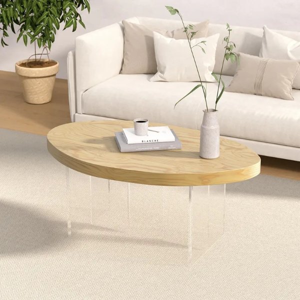 Farmhouse Acrylic Floating Coffee Table Wood Abstract in Natural-Homary