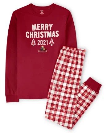 Unisex Adult Matching Family Long Sleeve 'Merry Christmas 2021' Plaid Cotton 2-Piece Pajamas - Gymmies | Gymboree - SALSA