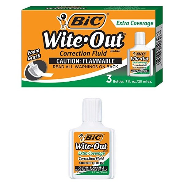 Wite-Out Brand Extra Coverage Correction Fluid, 20 ml, White, 3-Count
