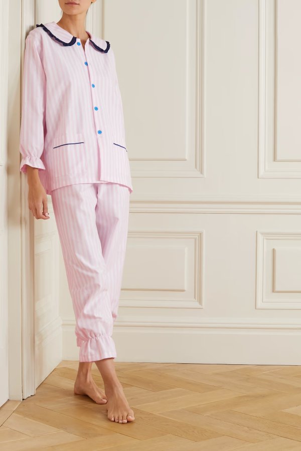 Ruffled striped cotton pajama set
