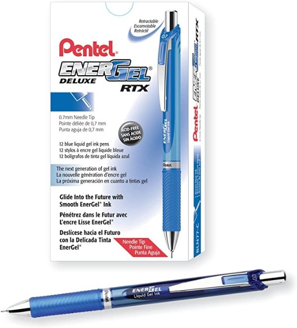 ® EnerGel™ Deluxe RTX Retractable Pens, Needle Point, 0.7 mm, Blue Barrel, Blue Ink, Pack Of 12 Pens