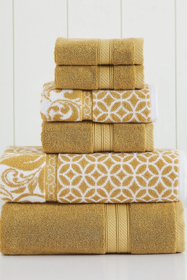 Gold Trefoil Filigree Reversible Yarn-Dyed Jacquard 6-Piece Towel Set