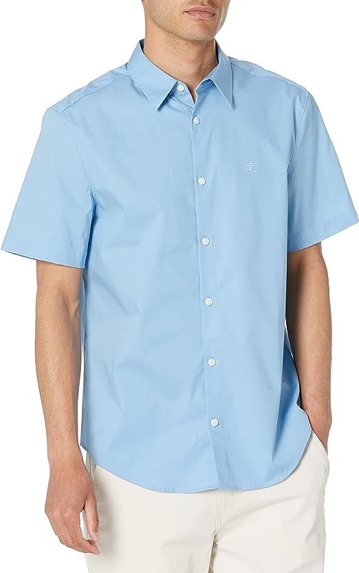 Men's Stretch Cotton Monogram Logo Short Sleeve Button Down Shirt