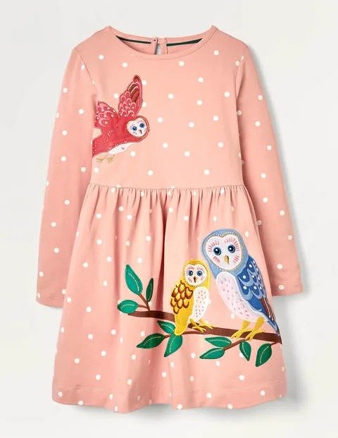 Woodland Animal Applique Dress - Pink and Ivory Spot Owls | Boden US