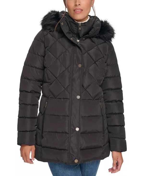 Women's Petite Bibbed Faux-Fur-Trim Hooded Puffer Coat, Created for Macy's