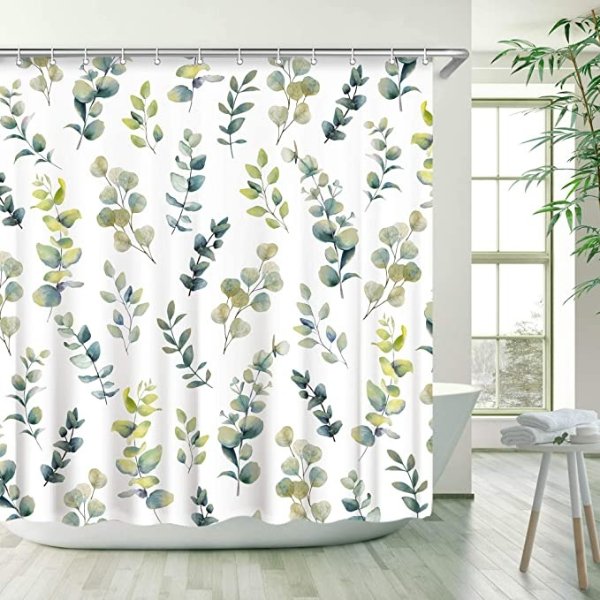 Stacy Fay Green Leaves Shower Curtain, Eucalyptus Round Leaves Shower Curtains Set with 12 Hooks, Waterproof Fabric Bathroom Curtain, Decorative Watercolor Green Eucalyptus Round Leaves, 72x72 ''
