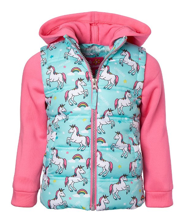 Blue & Pink Contrast Unicorn Puffer Coat - Infant & Girls