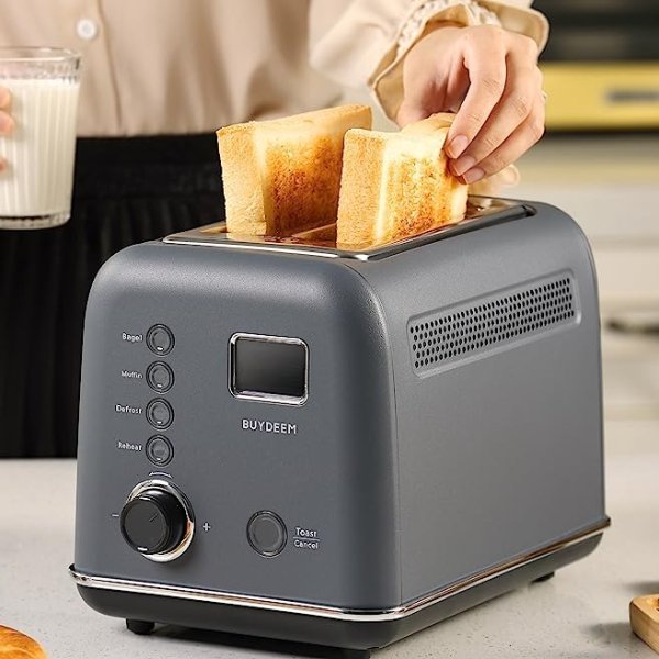 DT730 2 Slice Leverless Toaster, Extra Wide Slots, Retro Stainless Steel with LCD Display, Bagel and Muffin Function, Removal Crumb Tray, 9-Shade Settings (Ink Gray)