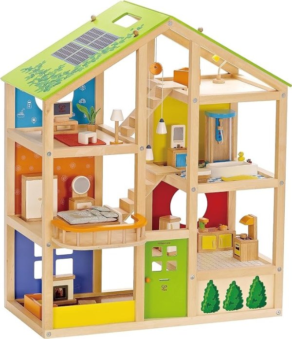 All Seasons Kids Wooden Dollhouse by Award Winning 3 Story Dolls House Toy with Furniture, Accessories, Movable Stairs and Reversible Season Theme