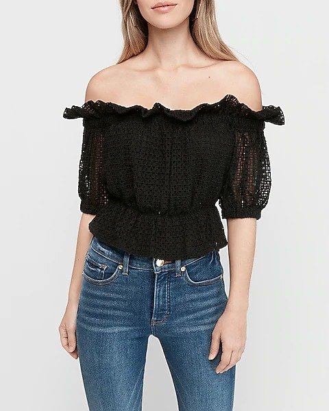 Off The Shoulder Ruffle Eyelet Lace Cropped Top