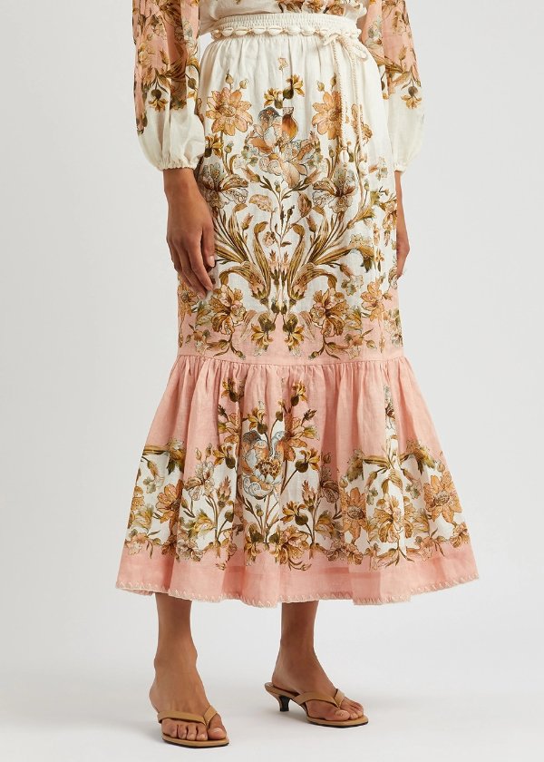 Chintz floral-print linen midi skirt