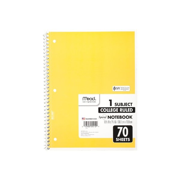 Spiral 1-Subject Notebook, 8" x 10.5", College Ruled, 70 Sheets, Assorted Colors (05512)