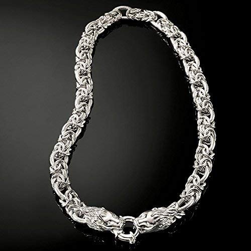 Italian Sterling Silver Byzantine and Oval Link Necklace With Double Lion Head Clasp