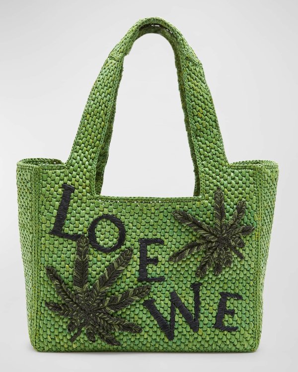 x Paula’s Ibiza Logo Leaf Raffia Tote Bag