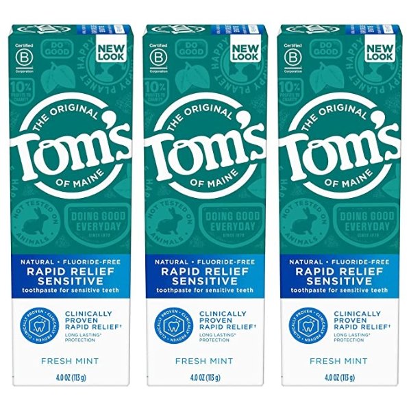 Fluoride-Free Rapid Relief Sensitive Toothpaste, Fresh Mint, 4 oz. 3-Pack (Packaging May Vary)