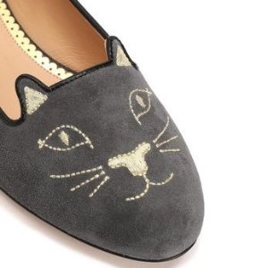 CHARLOTTE OLYMPIA Kitty Embroidered Suede Slippers @ THE OUTNET