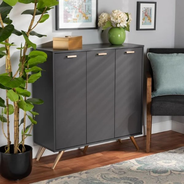 Ceridwyn Modern And Contemporary Dark Grey And Gold Finished Wood 3-Door Shoe Cabinet