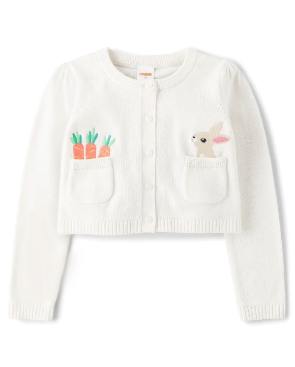 Girls Embroidered Bunny Carrot Cardigan - Spring Celebrations - simplywht