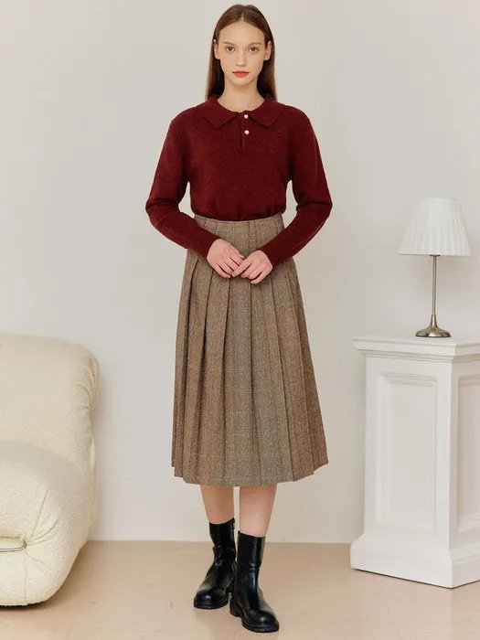 Sarah Check Pleats Skirt (Brown)
