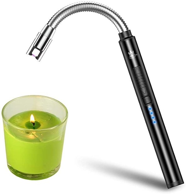 Candle Lighter, USB Rechargeable Electric Arc Lighter with Safety Lock & Power Indicator, Portable Flameless Windproof Plasma Lighters with Long Flexible Neck & Aluminum Case (Elegant Black)
