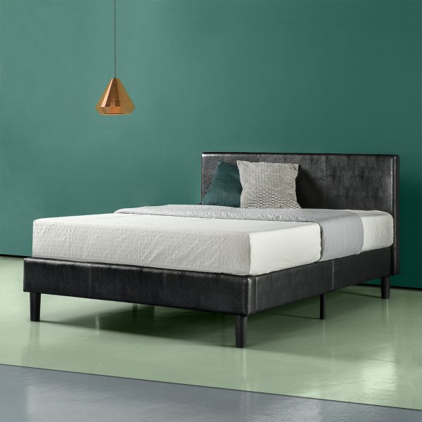Faux Leather Platform Bed with Wood Slat Support, Queen
