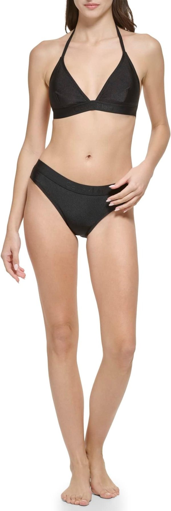 Women's Standard Removable Soft Cups Bottom Shimmer Fabric Halter Tie Bikini Top 2 Piece Set