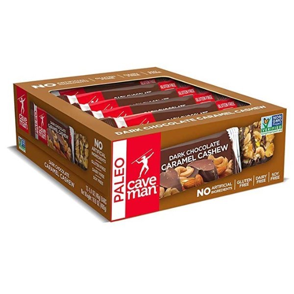 Caveman Foods Paleo-Friendly Nutrition Bar Dark Chocolate Caramel Cashew, 1.4 Ounce (12 Count Box)