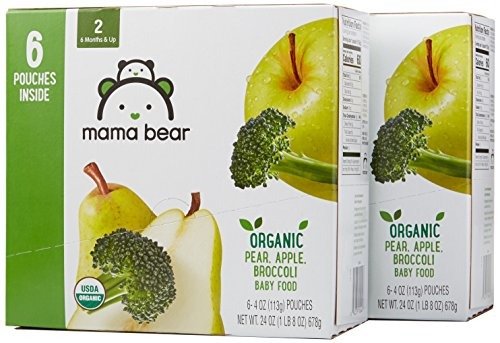 Amazon Brand - Mama Bear Organic Baby Food Pouch, Stage 2, Pear Apple Broccoli, 4 Ounce Pouch (Pack of 12)