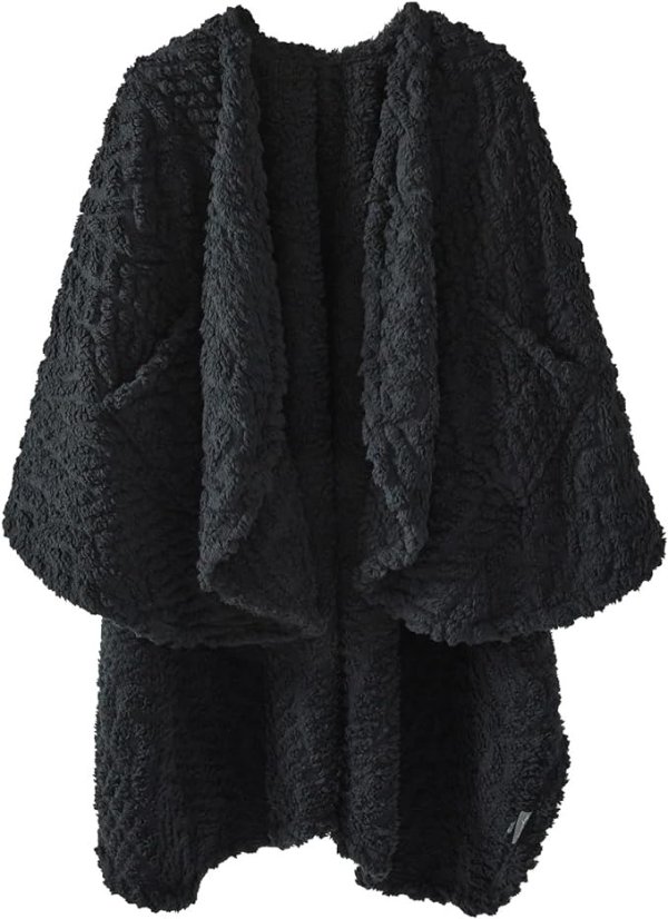 Fuzzy Sherpa Wearable Fleece Blanket with Pockets for Adults, Ultra Soft Plush Shawl TV Throw Blankets (Black, 58'' x 64'')