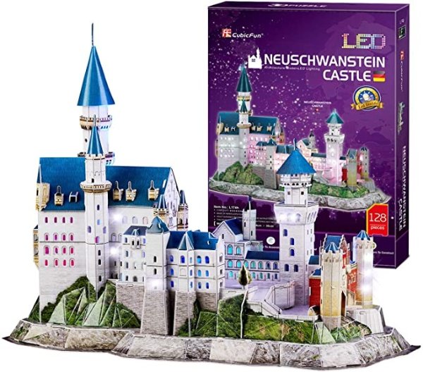 3D LED Castle Puzzles for Adults and Kids, Germany Architectures Building Model Kits Toys Gifts for Women and Men, Multi-Color Lights Neuschwanstein Castle 128 Pieces