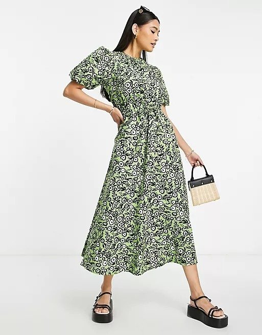 textured graphic green floral midi tea dress