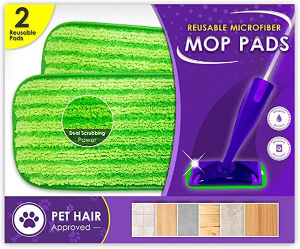Mops Reusable Floor Mop Pads - Pack of 2, Machine Washable, 12-inch Microfiber Mop Refills - Compatible with Swiffer Wet Jet - Household Cleaning Tools